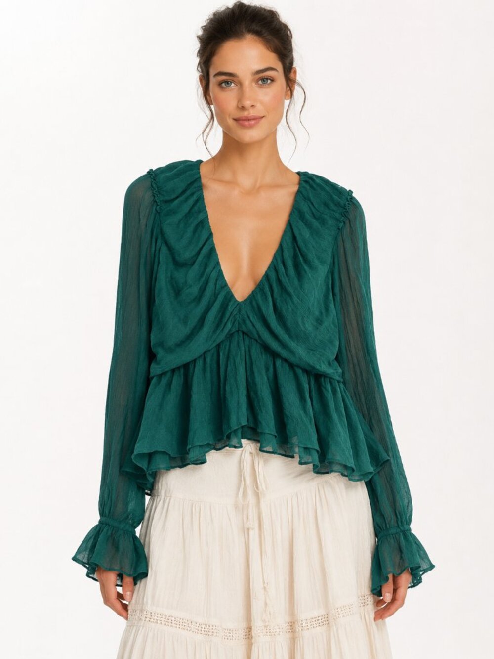 Free People Teal Green Semi Sheer Ruched Ruffle Peplum Boho Blouse Size Medium